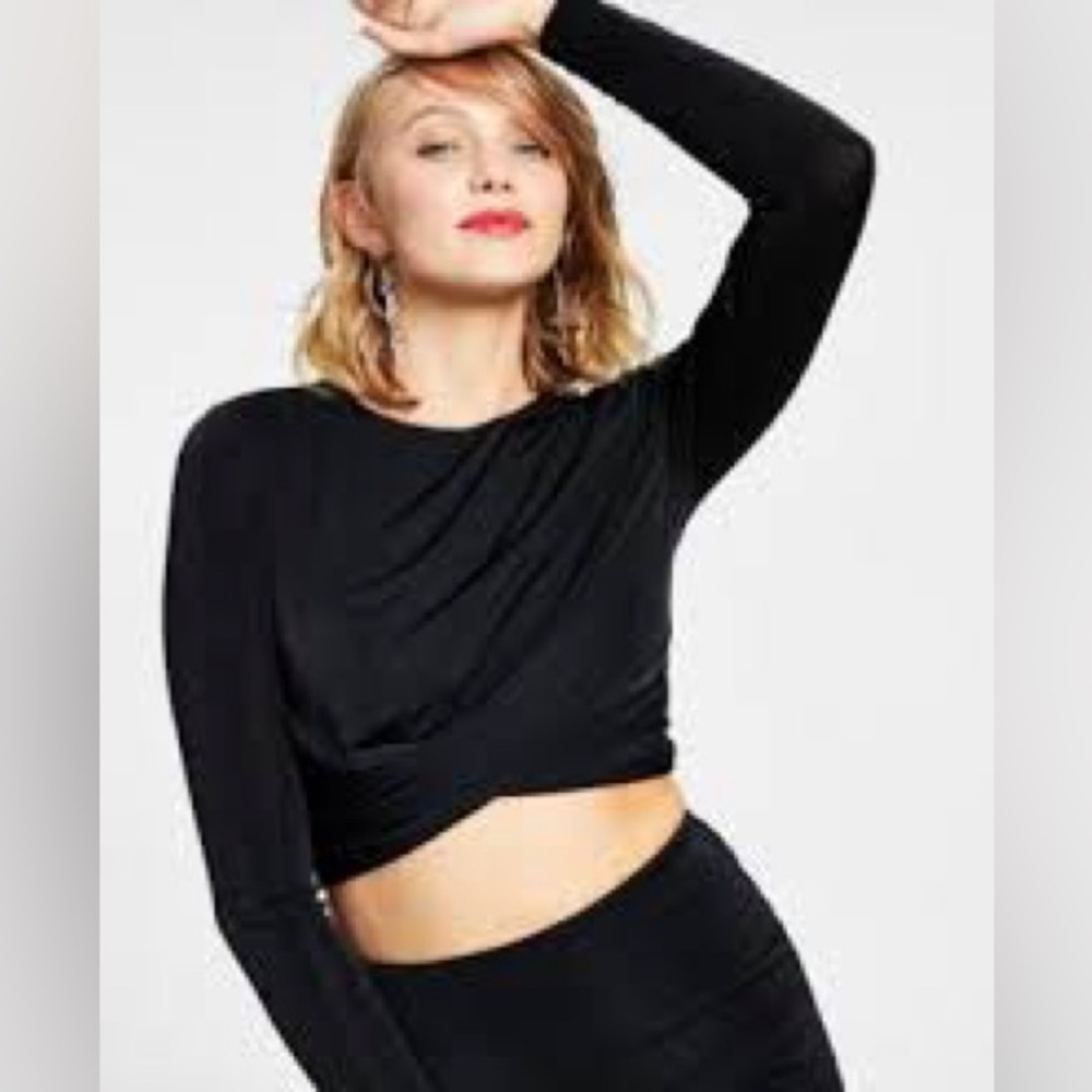 Bar III cropped crossover black long sleeve top. Size medium, like new!